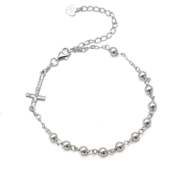 手链-十字架配饰-S925-可延长链-圆珠4mm Catholic religious art