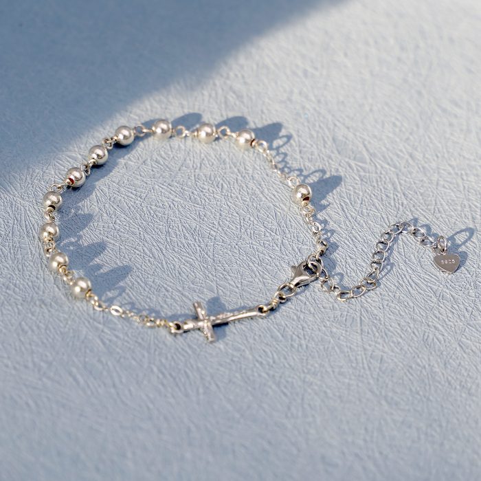 手链-十字架配饰-S925-可延长链-圆珠4mm Catholic religious art