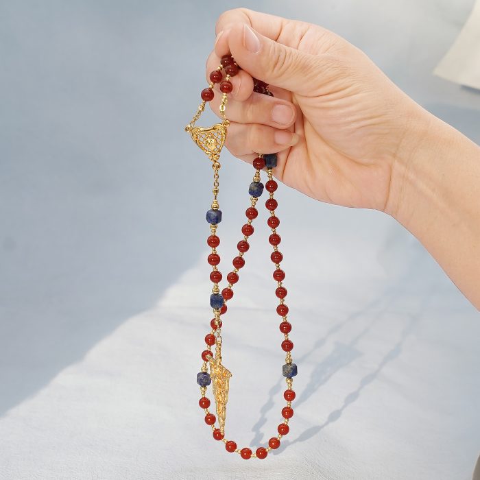 玫瑰念珠-红玛瑙-青金石-复古风格-镀金配件-6mm-送抽绳粉色念珠包 Catholic religious art