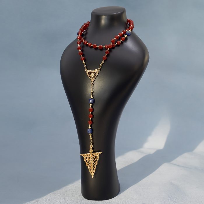 玫瑰念珠-红玛瑙-青金石-复古风格-镀金配件-6mm-送抽绳粉色念珠包 Catholic religious art