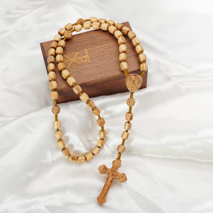 玫瑰念珠-橄榄木桶珠-绳编原创-简约纹-花纹珠-8mm Catholic religious art