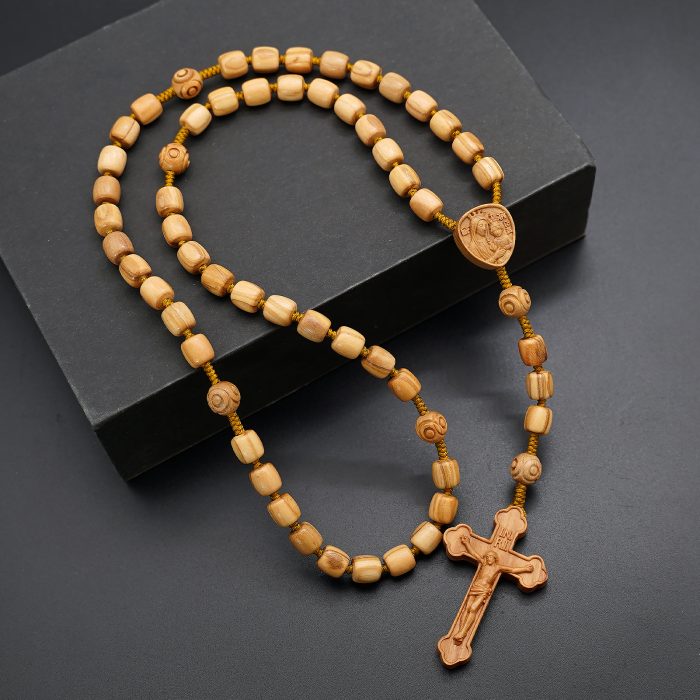 玫瑰念珠-橄榄木桶珠-绳编原创-简约纹-花纹珠-8mm Catholic religious art