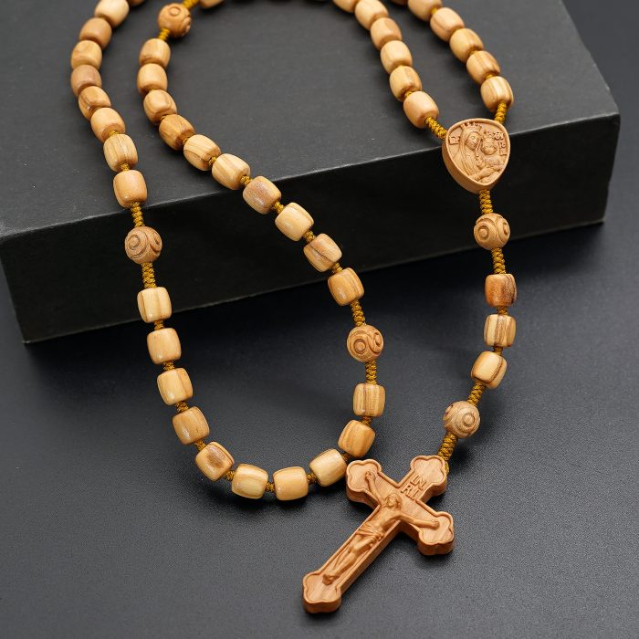 玫瑰念珠-橄榄木桶珠-绳编原创-简约纹-花纹珠-8mm Catholic religious art