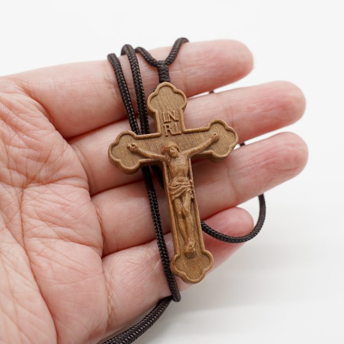 十字架项链-橄榄木-巧克力纹-深色-5.5cm-绳长70cm Catholic religious art