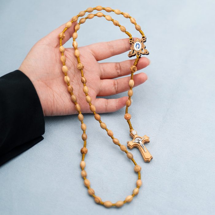 玫瑰念珠-橄榄木椭圆珠-绳编-花纹珠-异形十字-6x9mm Catholic religious art