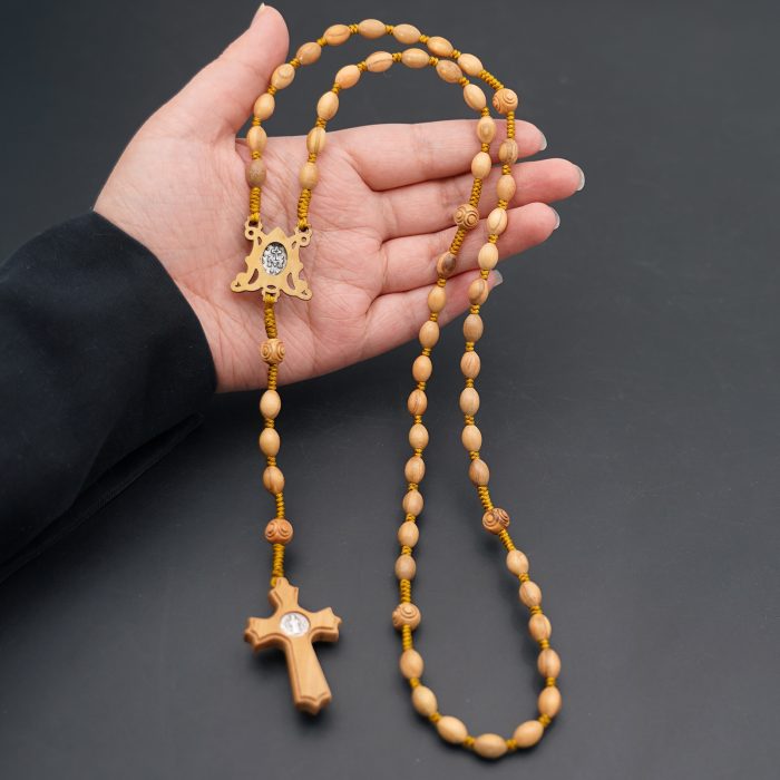 玫瑰念珠-橄榄木椭圆珠-绳编-花纹珠-异形十字-6x9mm Catholic religious art