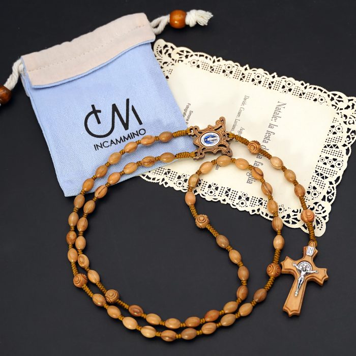 玫瑰念珠-橄榄木椭圆珠-绳编-花纹珠-异形十字-6x9mm Catholic religious art