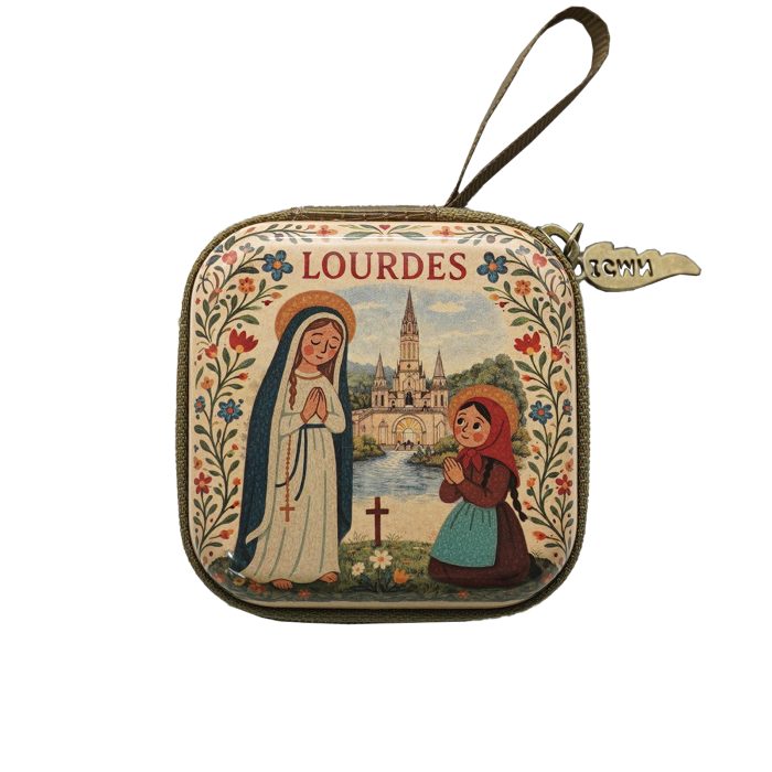 金属念珠包-卡通露德圣母 (Our Lady of Lourdes)-拉链款-7x7cm厚度3.3cm Catholic religious art