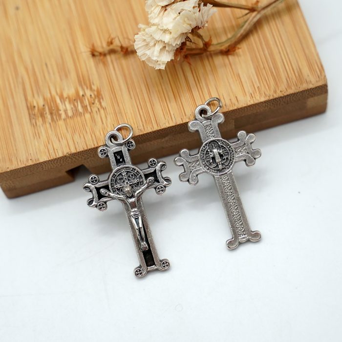 DIY十字架-圣本笃-镀银合金-黑珐琅-4x2.5cm Catholic religious art