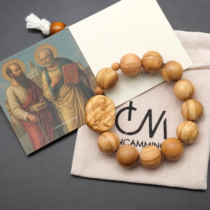 弹力手链-橄榄木圆珠-伯多禄与保禄-15mm配5mm Catholic religious art