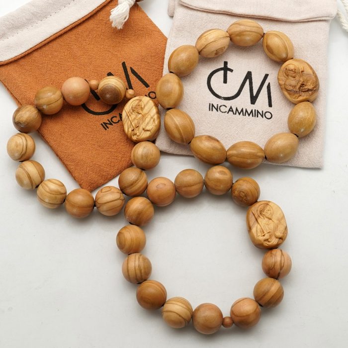 弹力手链-橄榄木圆珠-伯多禄与保禄-15mm配5mm Catholic religious art