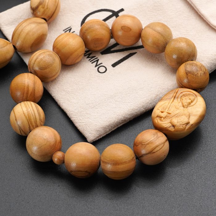 弹力手链-橄榄木圆珠-伯多禄与保禄-15mm配5mm Catholic religious art