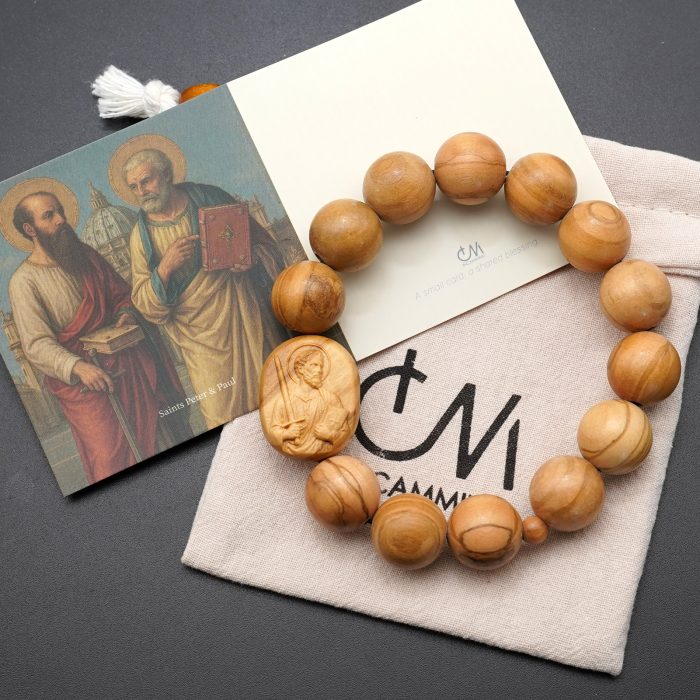弹力手链-橄榄木圆珠-伯多禄与保禄-15mm配5mm Catholic religious art