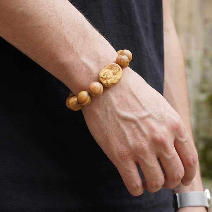 弹力手链-橄榄木圆珠-伯多禄与保禄-15mm配5mm Catholic religious art