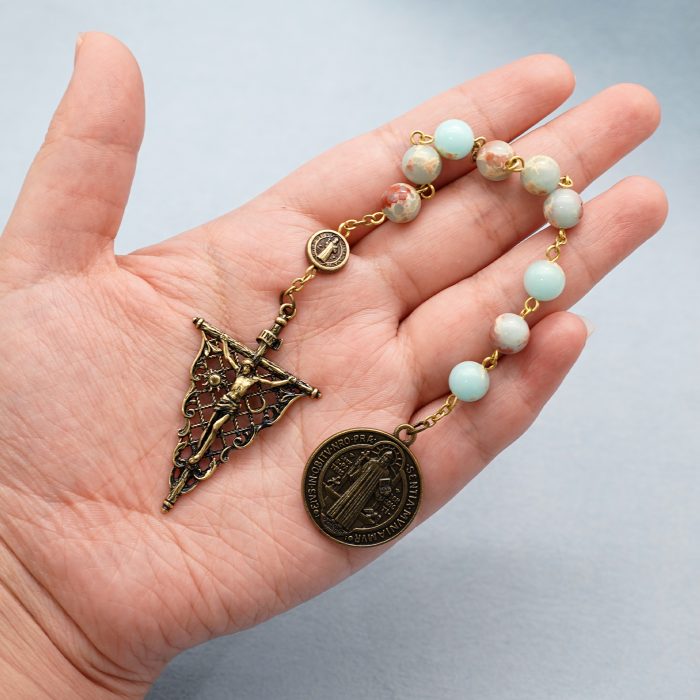 九珠串经-本笃-镂空-古铜色-寿山石8mm Catholic religious art