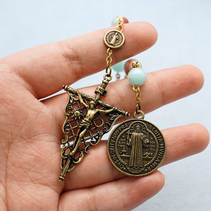 九珠串经-本笃-镂空-古铜色-寿山石8mm Catholic religious art