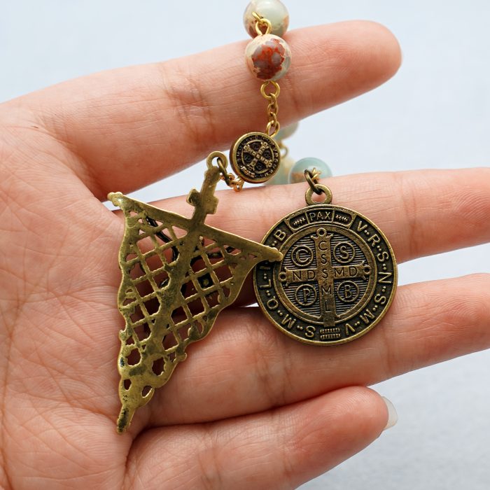 九珠串经-本笃-镂空-古铜色-寿山石8mm Catholic religious art