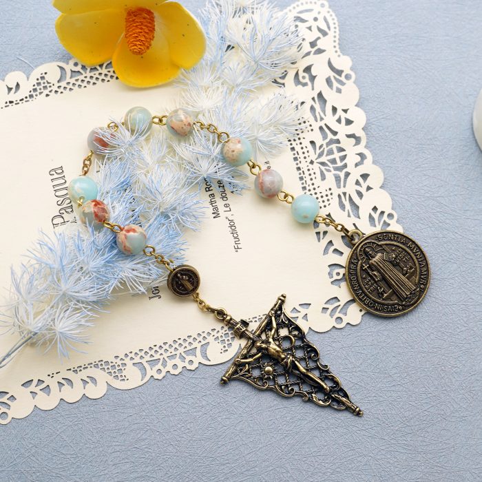 九珠串经-本笃-镂空-古铜色-寿山石8mm Catholic religious art