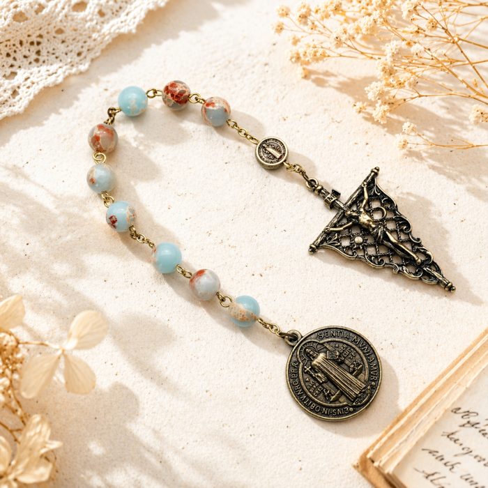 九珠串经-本笃-镂空-古铜色-寿山石8mm Catholic religious art