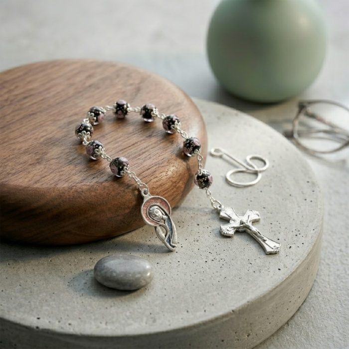 九珠串经-合掌圣母-珐琅彩-黑色琉璃珠-10mm Catholic religious art