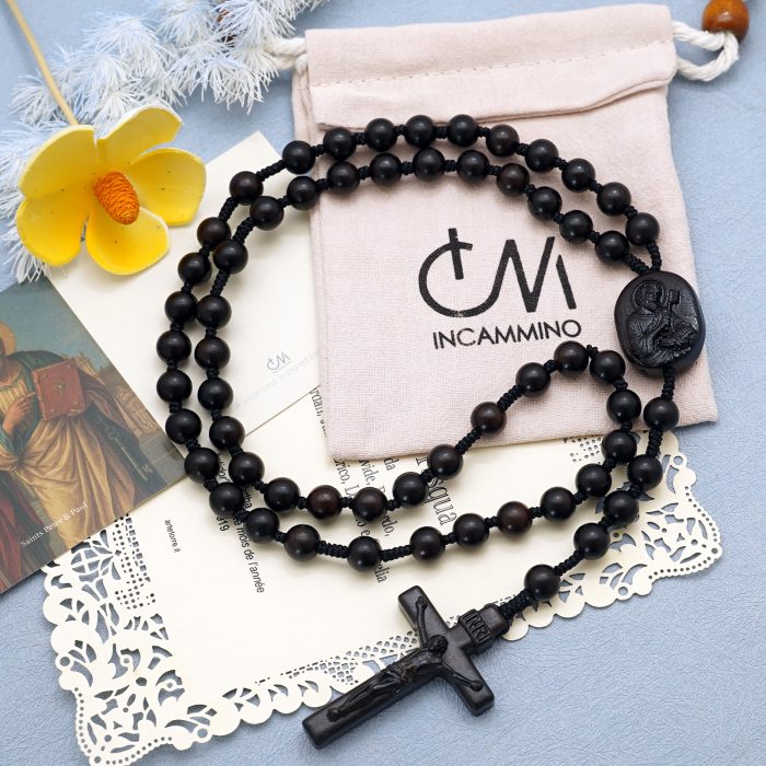 玫瑰念珠-黑檀-伯多禄与保禄-绳编-原创-8mm Catholic religious art