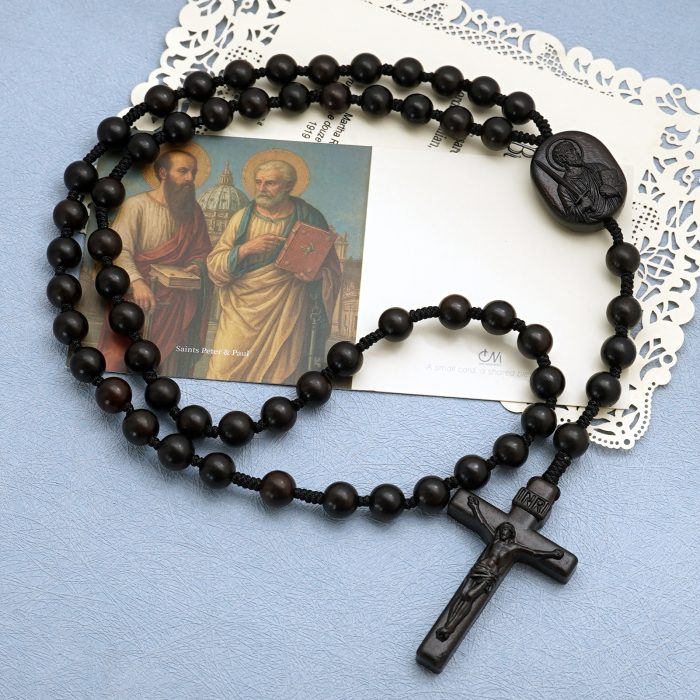 玫瑰念珠-黑檀-伯多禄与保禄-绳编-原创-8mm Catholic religious art