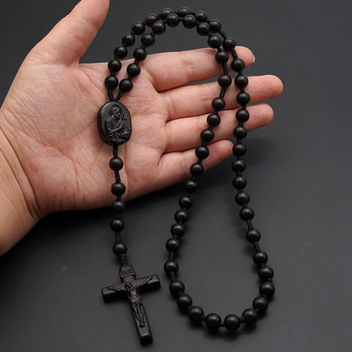 玫瑰念珠-黑檀-伯多禄与保禄-绳编-原创-8mm Catholic religious art