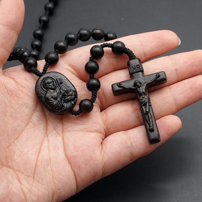 玫瑰念珠-黑檀-伯多禄与保禄-绳编-原创-8mm Catholic religious art