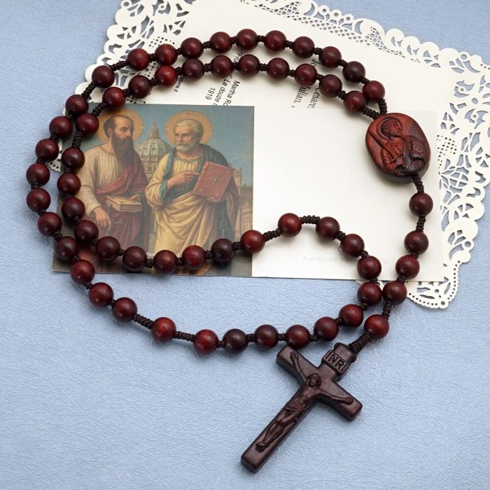 玫瑰念珠-紫檀-伯多禄与保禄-绳编-原创-8mm Catholic religious art
