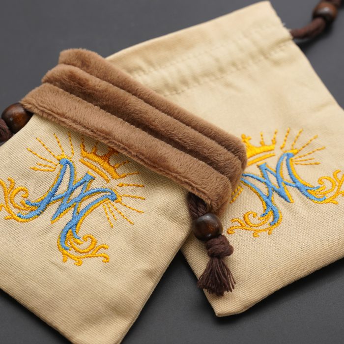 念珠包-刺绣抽拉绳-米黄色-圣母颂符号-13.3x10cm Catholic religious art