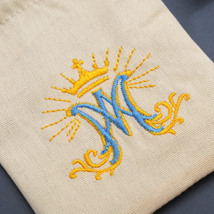 念珠包-刺绣抽拉绳-米黄色-圣母颂符号-13.3x10cm Catholic religious art