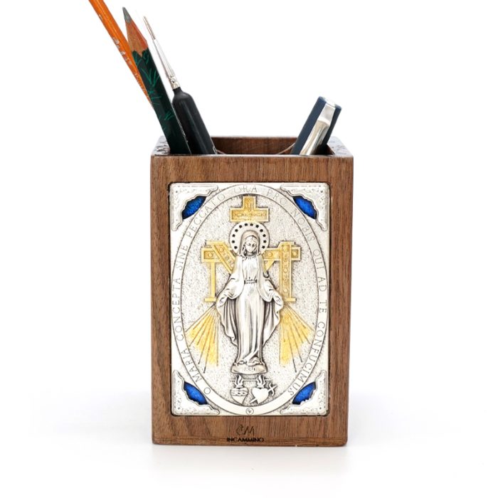 IC4PP1 笔筒-浮雕圣像-圣母显灵-胡桃木特制纪念款-11x7.5x7.5cm Catholic religious art