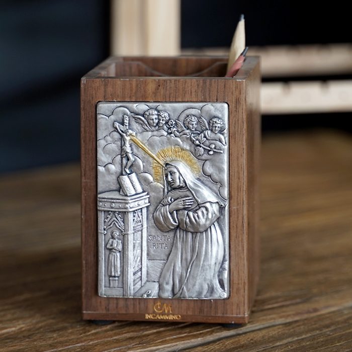 IC4PP14 笔筒-浮雕圣像-圣妇丽达-胡桃木特制纪念款-11x7.5x7.5cm Catholic religious art