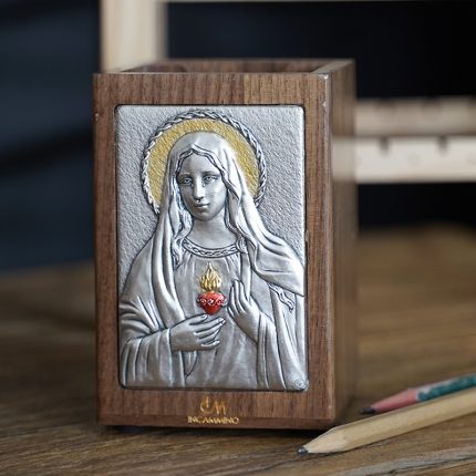 笔筒-浮雕圣像-圣母圣心-胡桃木特制纪念款-11x7.5x7.5cm