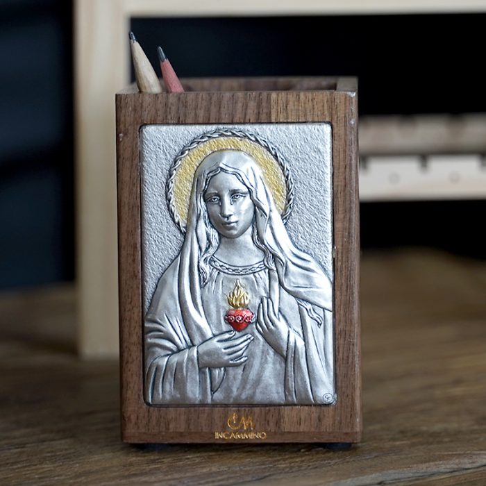 笔筒-浮雕圣像-圣母圣心-胡桃木特制纪念款-11x7.5x7.5cm Catholic religious art