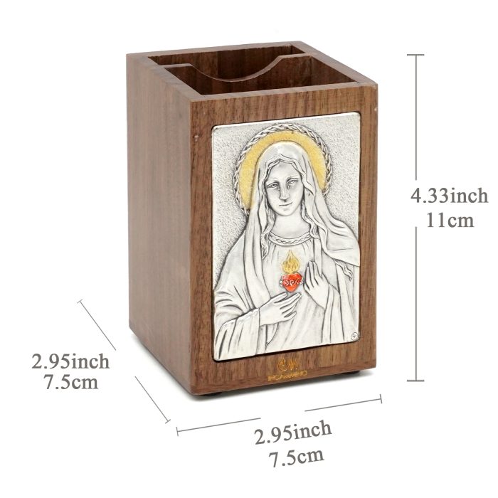 笔筒-浮雕圣像-圣母圣心-胡桃木特制纪念款-11x7.5x7.5cm Catholic religious art