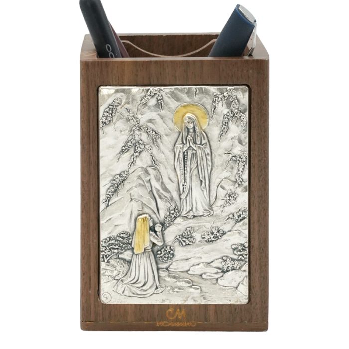 笔筒-浮雕圣像-露德圣母-胡桃木特制纪念款-11x7.5x7.5cm Catholic religious art