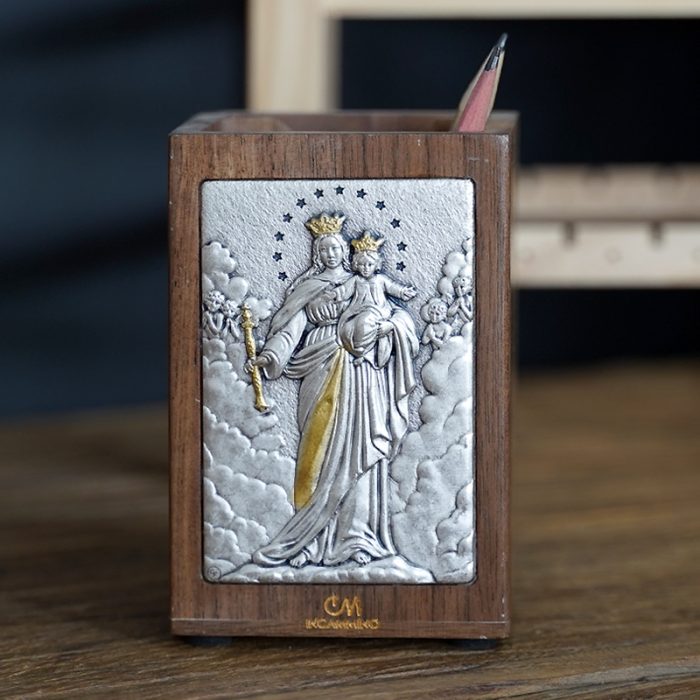 笔筒-浮雕圣像-进教之佑-胡桃木特制纪念款-11x7.5x7.5cm Catholic religious art