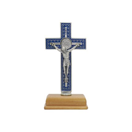 十字架-圣本笃-蓝色带装饰图案-镀银-带底座-9.3x4.5cm