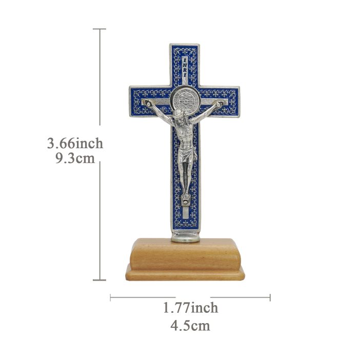 十字架-圣本笃-蓝色带装饰图案-镀银-带底座-9.3x4.5cm Catholic religious art