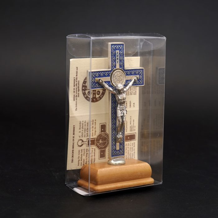 十字架-圣本笃-蓝色带装饰图案-镀银-带底座-9.3x4.5cm Catholic religious art