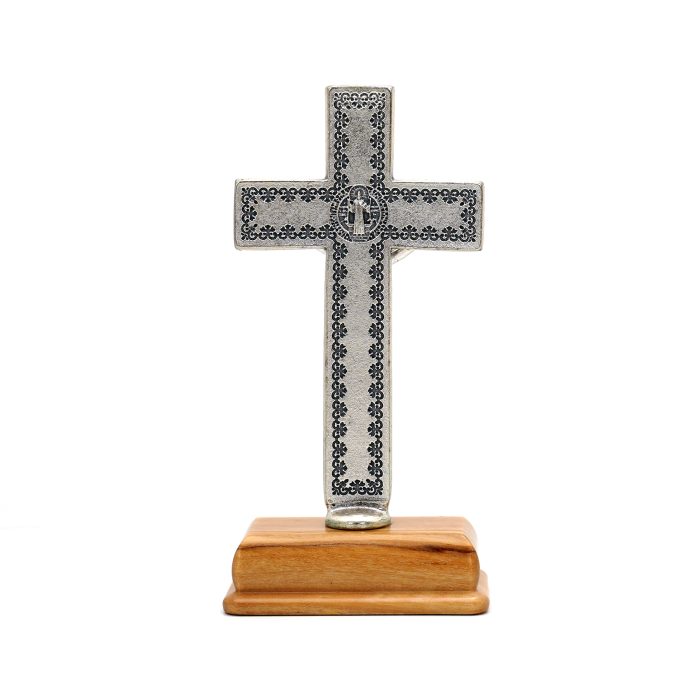 十字架-圣本笃-蓝色带装饰图案-镀银-带底座-9.3x4.5cm Catholic religious art