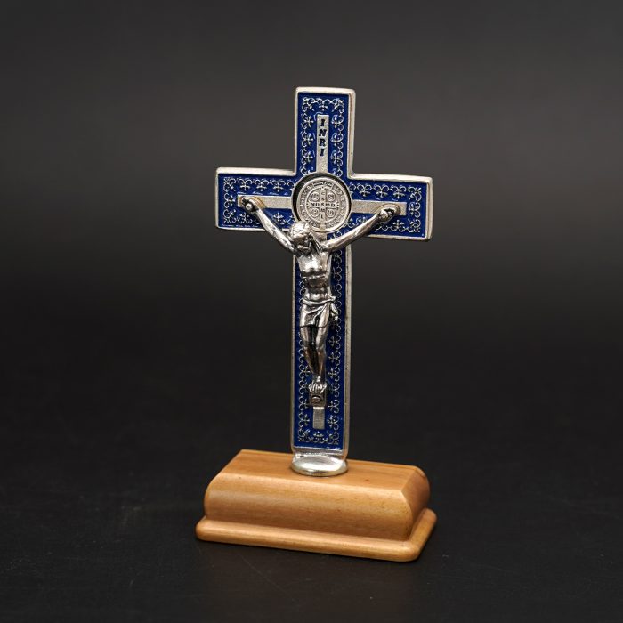 十字架-圣本笃-蓝色带装饰图案-镀银-带底座-9.3x4.5cm Catholic religious art