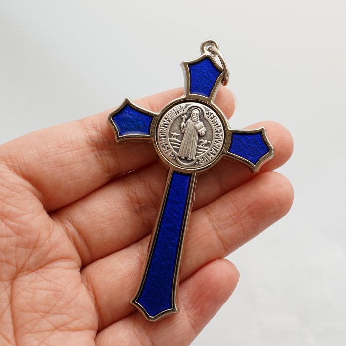 十字架项链-圣本笃-合金-珐琅蓝色-带绳卡片-7.4x4.6cm Catholic religious art