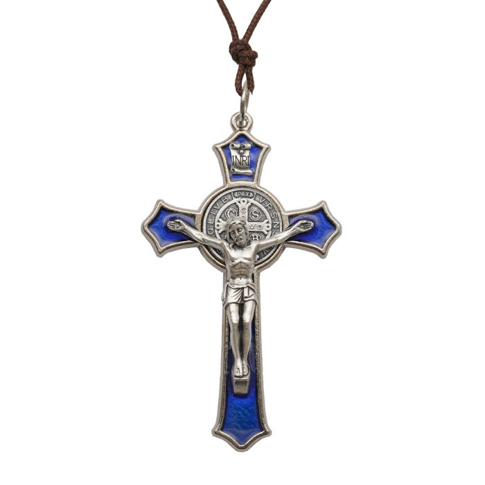 PG394.BLU_5 十字架项链-圣本笃-合金-珐琅蓝色-带绳卡片-7.4x4.6cm Catholic religious art