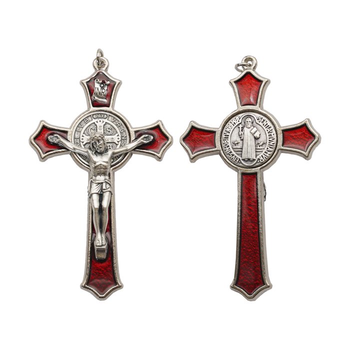 PG394.RSS 十字架项链-圣本笃-合金-珐琅红色-带绳卡片-7.4x4.6cm Catholic religious art
