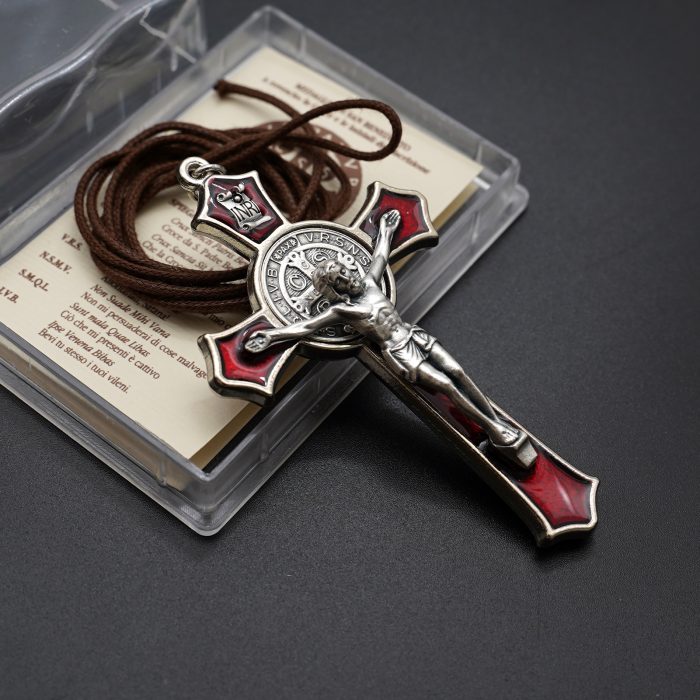 十字架项链-圣本笃-合金-珐琅红色-带绳卡片-7.4x4.6cm Catholic religious art