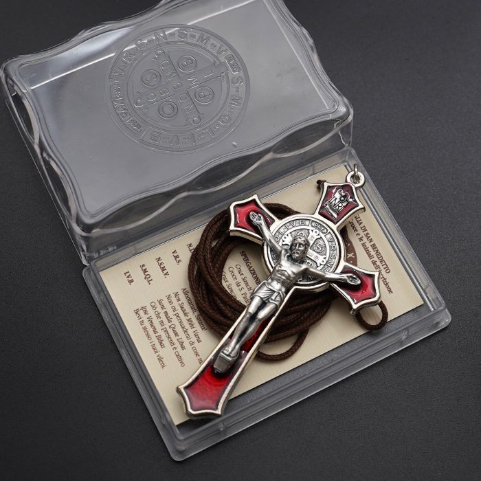 十字架项链-圣本笃-合金-珐琅红色-带绳卡片-7.4x4.6cm Catholic religious art