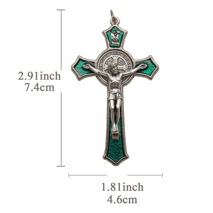 十字架项链-圣本笃-合金-珐琅绿色-带绳卡片-7.4x4.6cm Catholic religious art