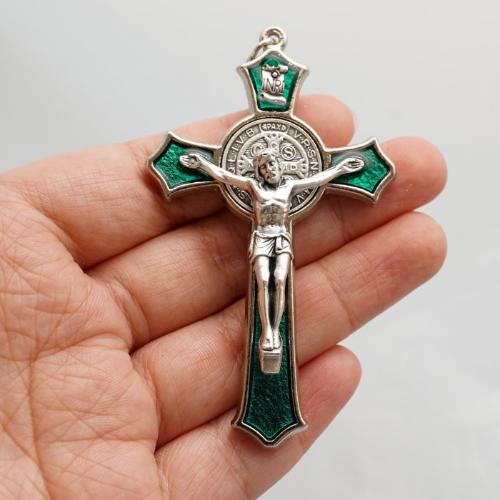 十字架项链-圣本笃-合金-珐琅绿色-带绳卡片-7.4x4.6cm Catholic religious art